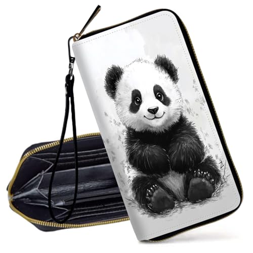 RFID Blocking Wristlet Wallet for Women – Slim PU Leather Zipper Clutch, Cute Credit Card Holder Purse with Wrist Strap for Ladies,Cute Panda