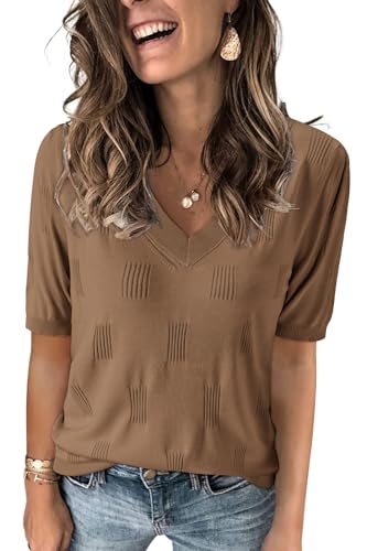 Image of Arach&Cloz Women's Lightweight Spring Summer Sweater Tops Casual Short Sleeve Blouses Shirts