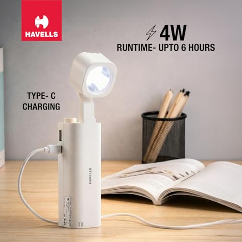 Image of Havells Orbital 2-in-1 Rechargeable Torch 4W| Converts into Table Lamp| Inbuilt Power Bank |Side Light | Mobile Stand | Type-C Charging| Runtime : Upto 6 Hours | Outdoor, Reading, Mobile Charging