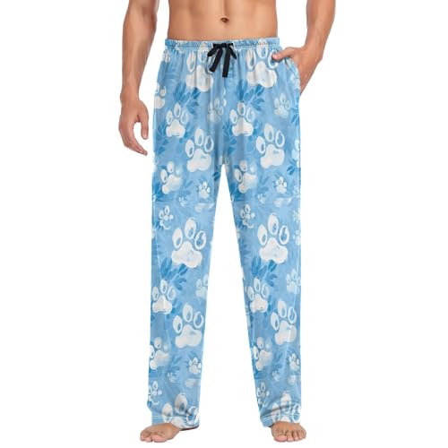 Men’s Dog Paw Prints Pajama Pants with Pockets, Comfortable Lounge Sleep Bottoms#6213