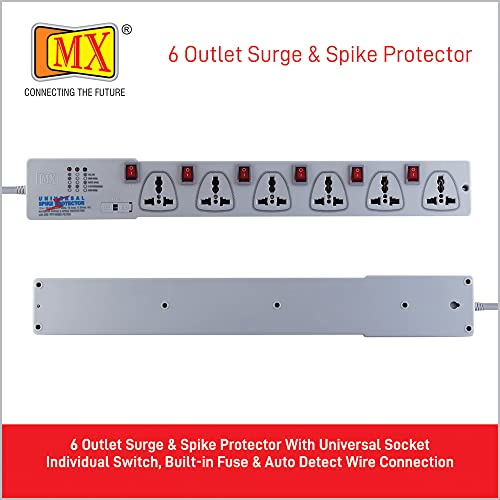 Image of MX Spike Protector Extension Board Individual Switch 6 Outlet International Sockets Extension Cord 5 Meter Multi Plug Socket Extension Power Strip for Home & Office (5 Amp)