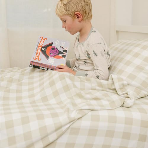 Image of Pobibaby Twin Sheet Set Kids, 3-Piece, Cotton Blend (Gingham Khaki) | Kids Bed Sheet Set, 3-Piece, Fitted Sheet, Flat Sheet, Pillowcase, Cotton Blend, Deep Pockets, Soft, Machine Wash, Seasons