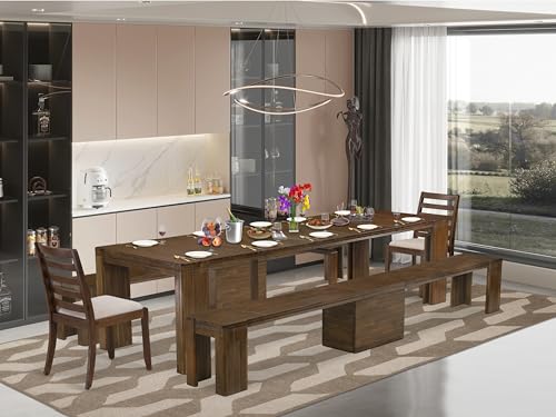 Image of X02X1-208-04 5-Pc Dining Table Set contains an Extendable Rectangle Kitchen Table and 2 Stackable Polyester Dining Chairs and 2 Benches, 39x120 Inch, Antique Walnut