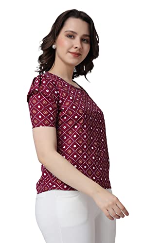 Image of POPWINGS Casual Printed Puff Sleeves Round Neck Top for Women || Stylish Summer Tops for Women || Hip-Length Women Top