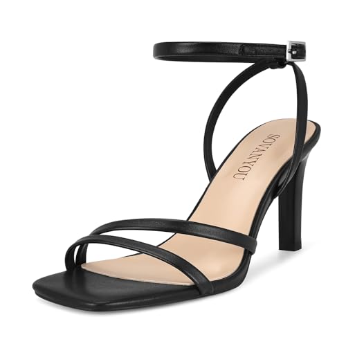 Image of SOVANYOU Heeled Sandals for Women Dressy Square Open Toe Strappy High Heels with Ankle Strap for Wedding Party Daily Wear