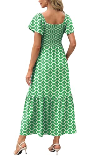 Image of OFEEFAN Summer Dresses for Women Square Neck Ruffle Sleeve Smocked Maxi Dress with Pockets