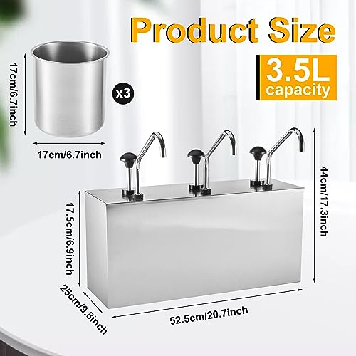 Lasnten Bucket Condiment Pump Dispenser 3.7 Quart Sauce Pump Dispenser Stainless Steel Condiment Pump Station for Jam Ketchup Seasoning Sauce (3.7 Quart x 3)
