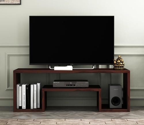 Image of Furniture Premium Sheesham Wood TV Unit with 3-Shelf Storage - Accommodates Up to 43-Inch TV - Ideal for Living Room Decor (Myles, Walnut Finish)