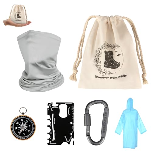 WDFCN Wanderzubehör Wanderer Wundertüte Enthalten Multitool Schlauchschal Karte Halstuch Taschenkompass Kletterkarabiner Einweg Regenponcho Wundertüte für Erwachsene Mann Frau Wanderer
