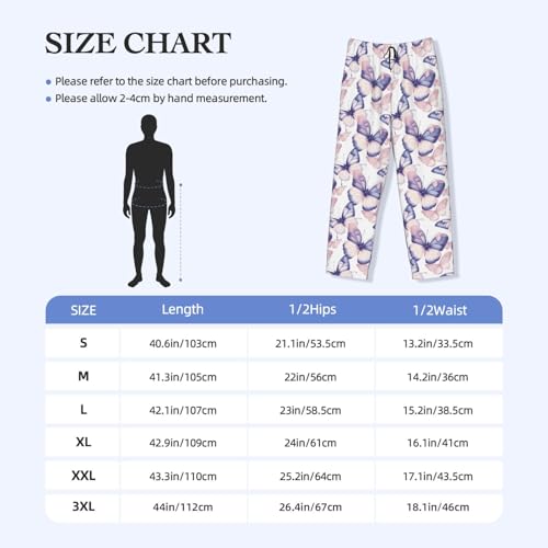 Mens Pajama Pants - Pink Butterfly Print Soft Sleep Lounge Pants For Men, Casual Pj Bottoms With Pockets3