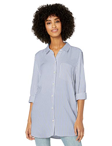 Amazon Brand - Goodthreads Women's Modal Twill Long-Sleeve Button-Front Tunic Shirt, Blue/White Stripe, Large