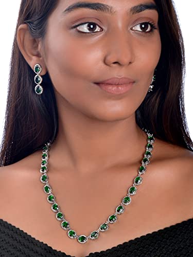 Image of Yellow Chimes Jewellery Set for Women Rhodium Plated Cubic Zircon Silver Necklace with Earring Set Floral Design Classic CZ Stoned Jewellery Set for Women and Girls