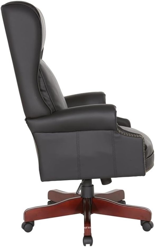 Pemberly Row Traditional Executive High Back Chair, Black Vinyl Upholstery, Brass Nail Trim, Royal Cherry Wood Base, Adjustable Height, Tilt Control, Thick Cushions, 29" W x 32" D x 47" H