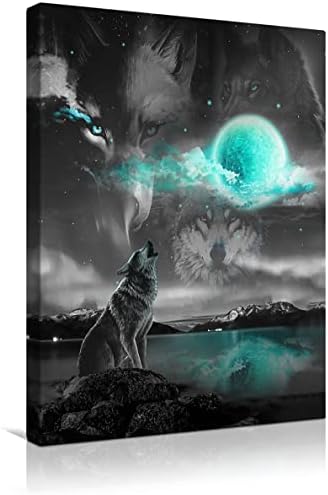 Wolf Wall Art Animal Blue Moon And Wolf Decor Modern Canvas Print Painting Picture Artwork For Living Room Bedroom Kitchen Bathroom Office Home Wall Decor Framed Ready To Hang 16"X20"