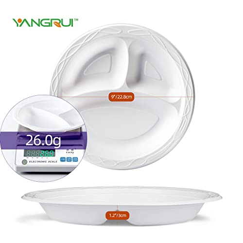 Yangrui White Plastic Plates, 9 Inch 3 Compartments 150 Pack Food Grade Material Bpa Free Biodegradable Reusable Dinner Plates #TOP4