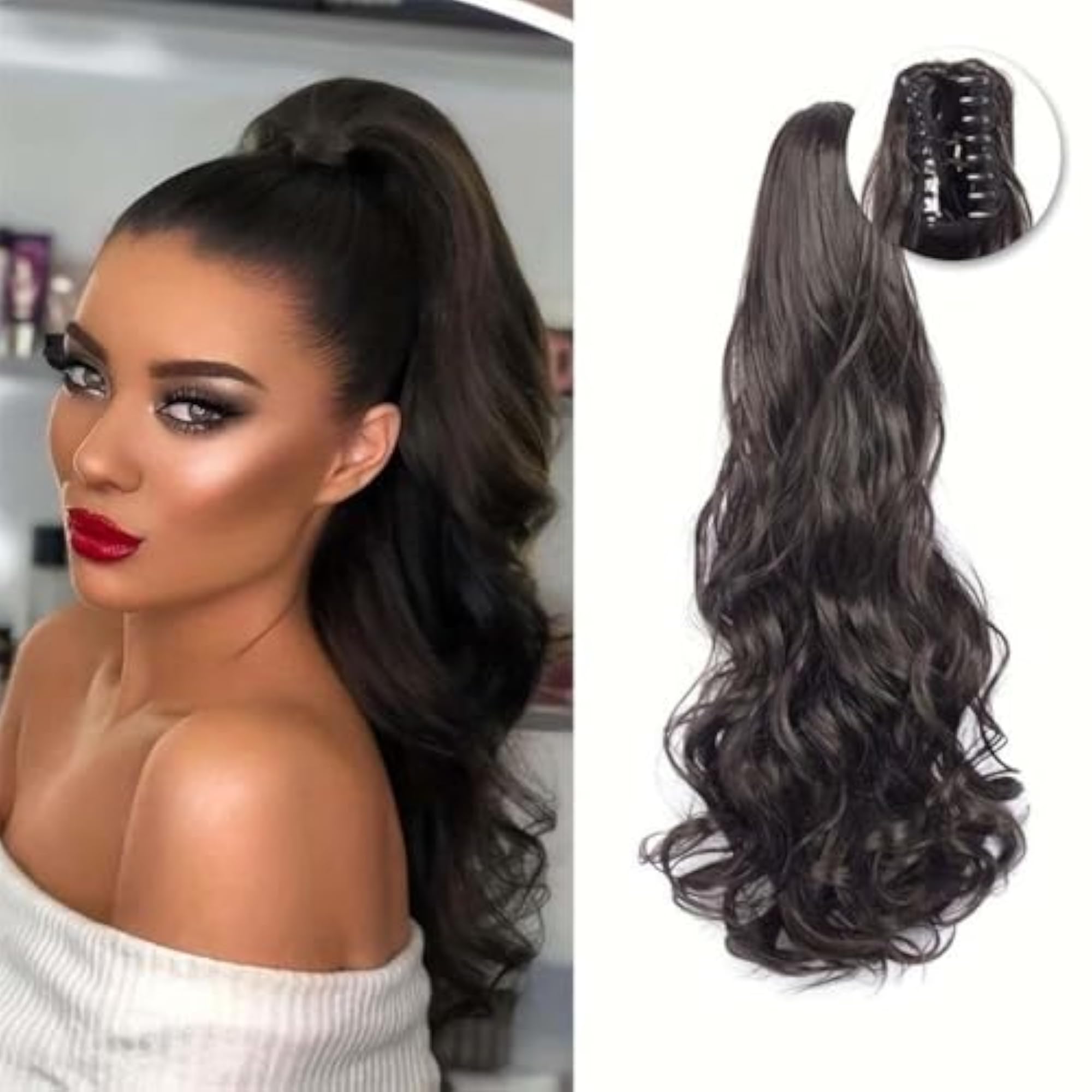 Claw Clip Ponytail Extension, Natural Long Wavy Curly