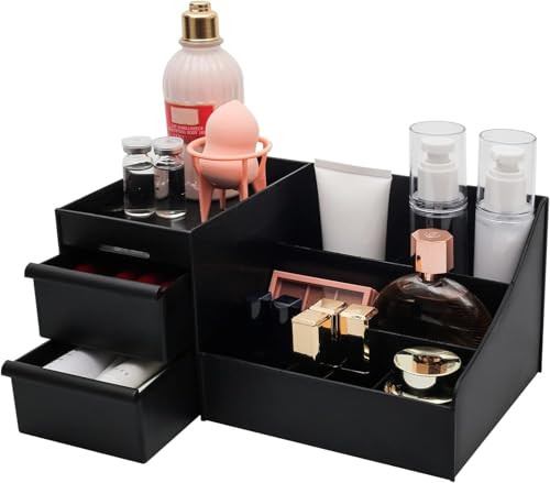 Image of PAXCOO skin care organizer, makeup desk organizer with drawers, countertop organizer for cosmetics, vanity brush with holder for lipstick, brushes, eyeshadow and jewelry desktop finish dresser-Black