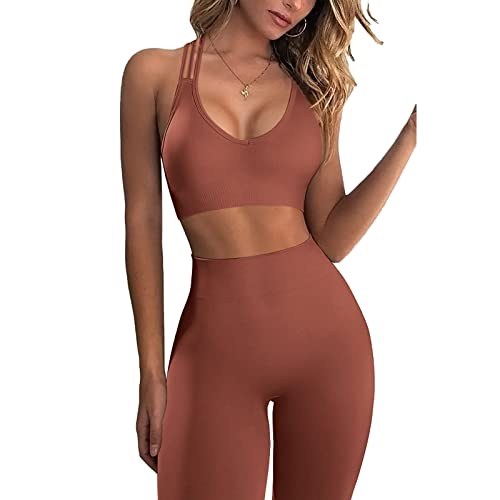 Mayround Ensemble d'entraînement 2 pièces pour femme - Débardeur côtelé avec dos croisé et leggings taille haute - Vêtements de sport pour le yoga et la gym, rouge corail, L Cover
