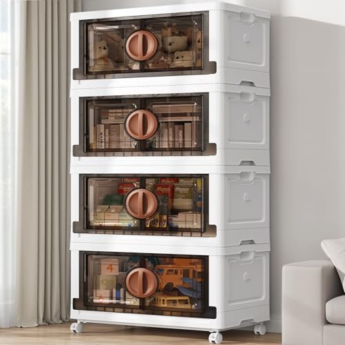 BROVIEW 120 Gal Lockable Storage Bins with Lids, Stackable Collapsible Storage Bin with Wheels, Closet Organizers and Storage Drawer, Plastic Cabinet for Toys Clothes Organizer, V9 4 Pack White Brown