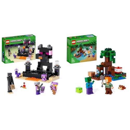 LEGO Minecraft El Combate en el End, Juego de Batalla, Juguete para Niños y Niñas de 8 Años, PVP & Minecraft La Aventura en el Pantano, Juguete de Construcción, Mini Figuras de Alex y Esqueleto