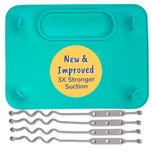 Image of BUSY BABY Silicone Mat - New and Improved Suction Cups, 4 Straps to Secure Baby Essentials, Self Feeding, Baby Led Weaning, Travel Sleeve Included (Spearmint)