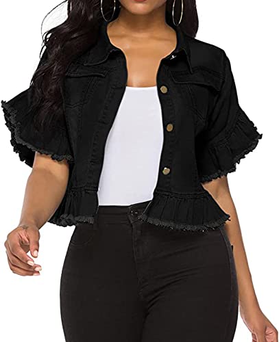 vunahzma Women's Denim Jacket Button Down Distressed Ruffle Sleeve Crop Jean Jackets Coat