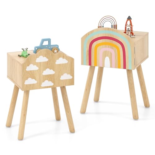 COSTWAY Juego de 2 Mesitas de Noche para Niños, Mesas Auxiliares con Patrones de Arco Iris y Nubes, Patas de Madera Maciza y Dispositivos Antivuelco, Mesillas de Noche Infantiles para Dormitorio