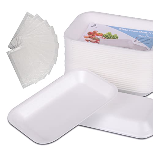 White Styrofoam Meat Trays (25pcs/Pack - 7.87 x 5.11 x 0.9) with White Absorbent Pad Disposable Small Foam Meat Trays for Food