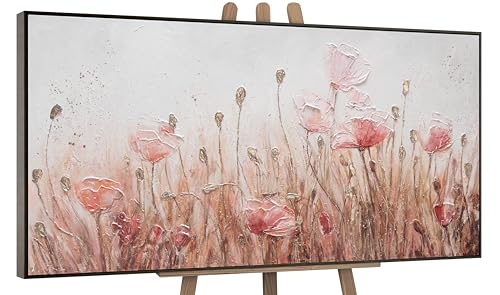 YS-Art Pintura abstracta sobre lienzo en acrílico Abril Motivo veraniego pequeñas flores rosas en el prado Decoración con marco 120x60 cm