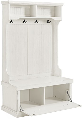 Crosley Furniture Seaside Hall Tree, Entryway Bench With Coat Rack And Shoe Cabinet, Distressed White #TOP1