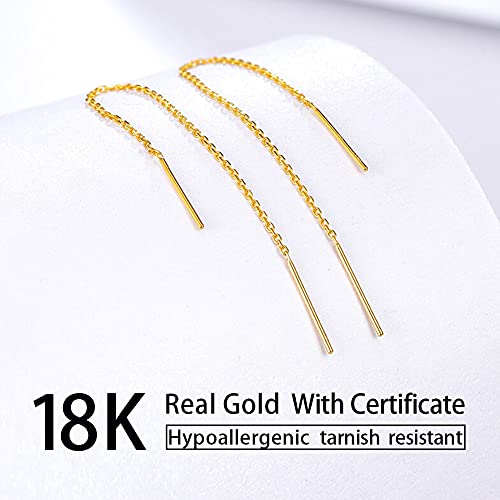 Solid 18K Yellow Gold Threader Earrings For Women Real Gold, Dainty Tiny Chain Dangle Earrings Gift For Girls, Pure Gold With Certificate Fine Bride Jewelry Gift For Wedding Prom Party Birthday Cute Simple #TOP1