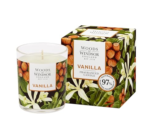 Woods of Windsor Candle, Vanilla Soy Wax Candle with 33 Hour Burn Time, Warming Scented Candle with Notes of Cinnamon and Hazelnut to Help Neutralise Odor, Vanilla Scent 150g