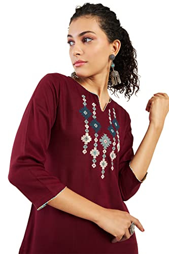 Image of Soch Women Maroon Rayon Embroidered Kurta