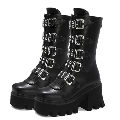 Women Platform Goth Boots Studded Mid Calf Combat Punk Boots Buckle Chunky Heel Back Zipper Thick Sole Ankle Booties