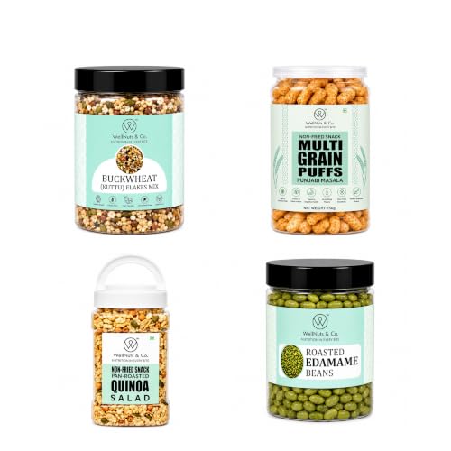 Image of WellNuts & Co. Healthy Snack Combo Pack of 4 |Buckwheat Flakes Mix - 200g, Multigrain Puffs Punjabi Masala - 200g, Quinoa Salad - 325g, Roasted Edamame Beans - 200g| Roasted & Ready to Eat Snacks | High Protein & High Fiber Combo | Snacks for Healthy Everyday