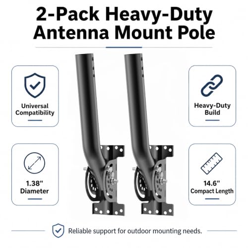 Image of Universal Heavy Duty Antenna Mount Pole - 1.38 inch Dia x 14.6 inch L Mast for Wireless Bridges, Outdoor Antennas, Starlink, Weather Stations & WiFi Extenders, Black, 2 Pack