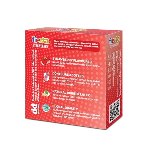 Image of Fiesta Strawberry Flavoured Condoms (12 Pcs) | Pack of 4 x 3 each | Extra Pleasure Dotted Condoms for Men | Dotted for Extra Stimulation | Fruity Strawberry Flavour Condom