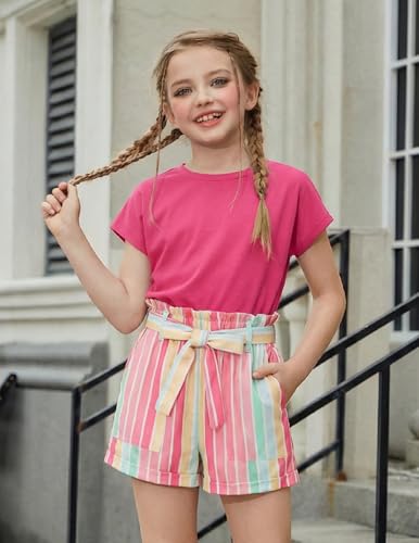 Image of Arshiner Girls 2 Piece Outfit Summer Drop Shoulder Batwing Sleeve Tops and Paperbag Waist Shorts Set Cute Clothing Size 6-14