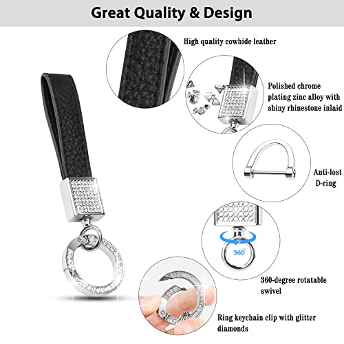 Qbuc Bling Genuine Leather Car Keychain For Women Key Fob Holder Accessories With Sparkly Rhinestones, 360-Degree Rotatable Swivel, Anti-Lost D-Ring, 2 Keyrings (Black) #TOP2