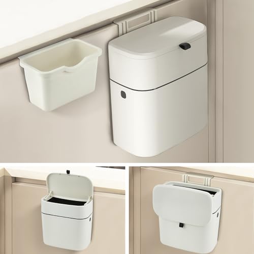 Image of 2 Pcs Hanging Trash Can with Lid, 2.4 & 0.5 Gallon Kitchen Compost Bin, Wall-Mounted Garbage Can, Small Trash Can Cabinet for Kitchen Cupboard Bathroom Bedroom Office Camping Rv