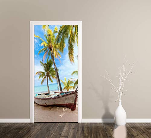 Acechic Door Decal Old Wooden Fishing Boat On A Tropical Paradise Island With Coconut 3D Door Sticker Removable Self Adhesive Vintage Wall Decal Mural Wallpaper For Home Decor 30.3" W X 78.7" H #TOP3