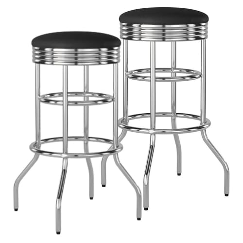 Image of TRINITY Heavy Duty 30-Inch Backless Swivel Bar Stool for Kitchen, Garage, or Workshop, Chrome Finish with Faux Leather Seat, 2 Pack, Black