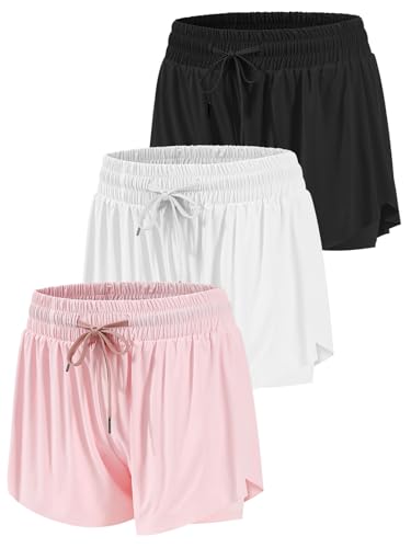 Mexholin 3 Packs Girls Butterfly Shorts 2 in 1 Girls Athletic Shorts Youth Flowy Shorts for Active, Running,Basketball Black/White/Pink XL