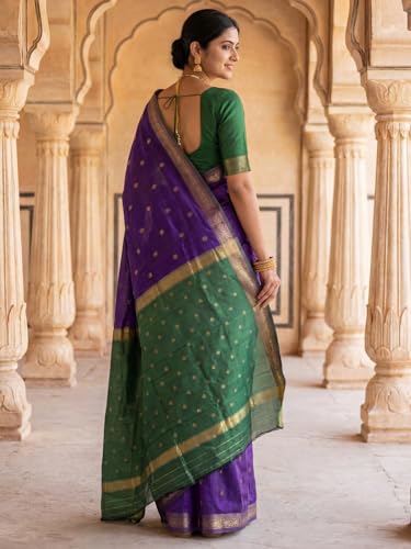 Image of AKHILAM Women's Pure Soft Spun Cotton Lichi Silk Saree For Women With Attach Unstitch Blouse Piece