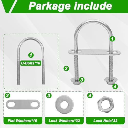 Image of 16 Sets Round U Bolts 1.57 inch(40mm) Inner Width 90mm Length Zinc Plated Steel M6 with Nut, Plate, Washer