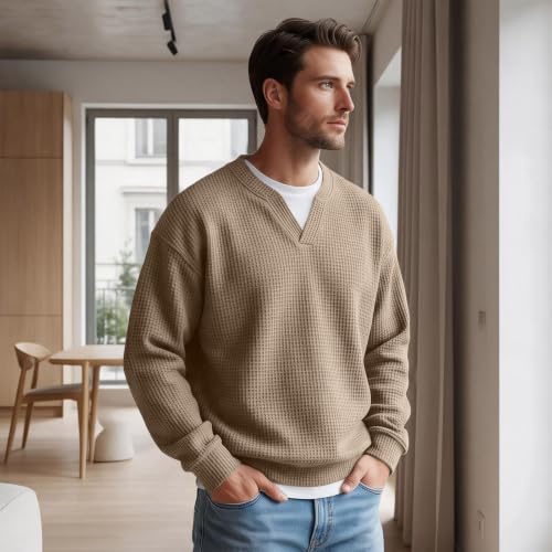 Mens Layered Comfort Waffle Shirt Long Sleeve V Neck Fake 2 Piece Shirts - image 2