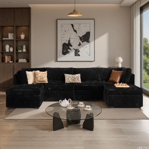 Image of ovios Modular Sectional Sofa Couch with U-Shape Chaise Ottomans, Comfy Plush Corduroy Cloud Couches, Modern Luxury Deep Seat Sofas Set for Living Room, 6-Seater, Black