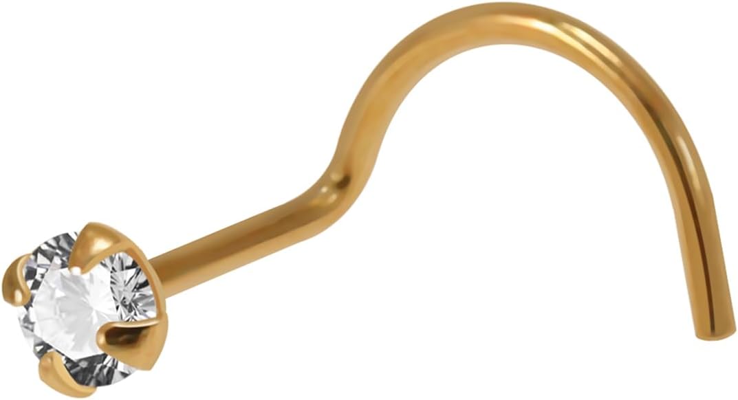 9K Solid Yellow Gold, Rose Gold, White Gold 1.5mm, 1.8mm, 2.0mm, 2.5mm Round Cz Gemstone 24 Gauge Corkscrew Twist Nose Screw - Tiny Nose Stud - Gold Nose Piercing Body Jewelry