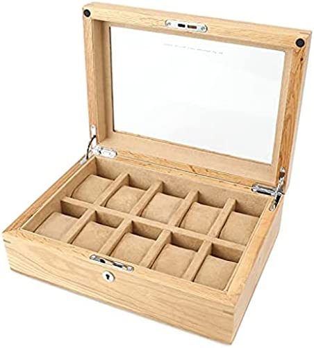 Pealihuy Boîte De Montre en Bois À 10 Fentes Montre Vitrine Boîte De Rangement Couvercle en Verre avec Boîte De Verrouillage pour Les Amis,Beige,30×21.5×10cm