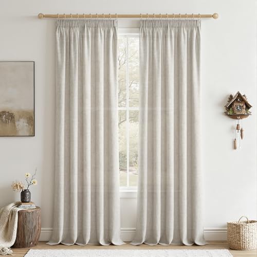 CUTEWIND Cortinas Dormitorio Lino Natural Cortinas para Riel con Ganchos 2 Piezas 140cm de Ancho y 245cm de Altura, Translucide Moderno para Ventana Cocina y Puerta de Salon